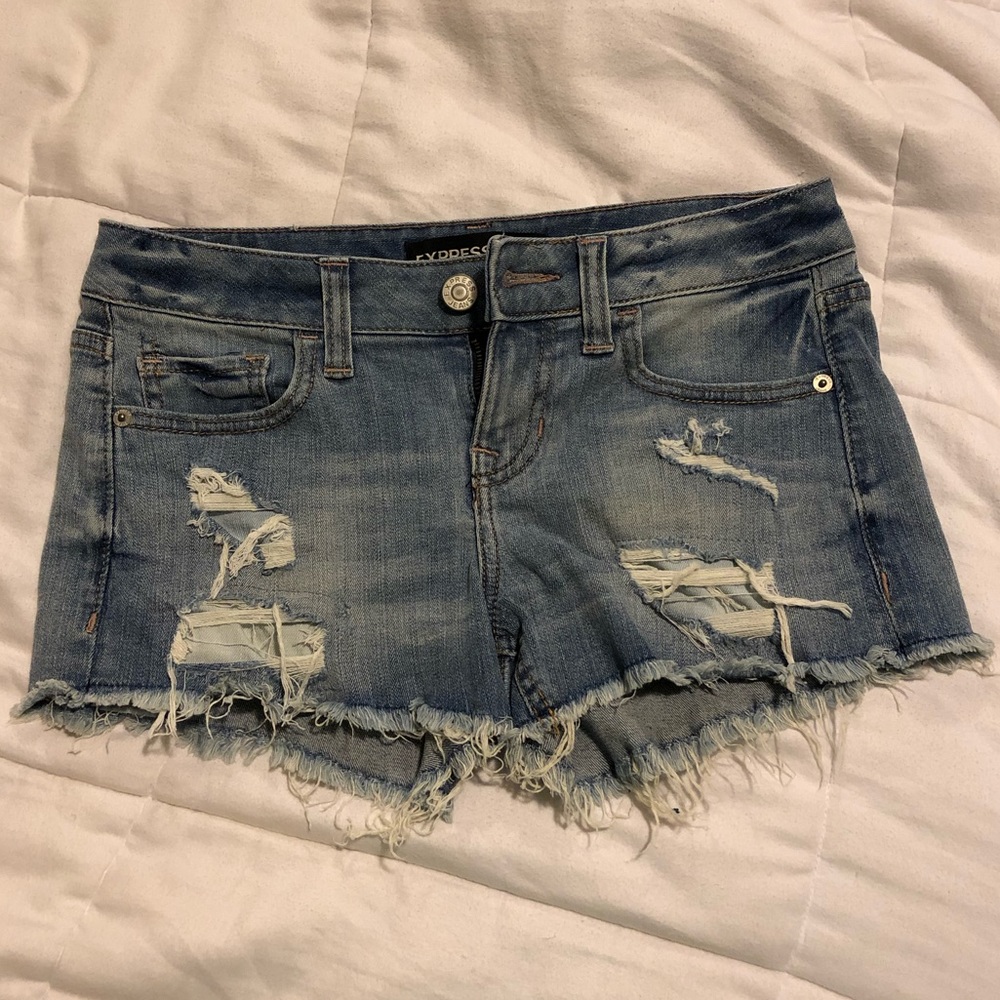 Distressed denim shorts